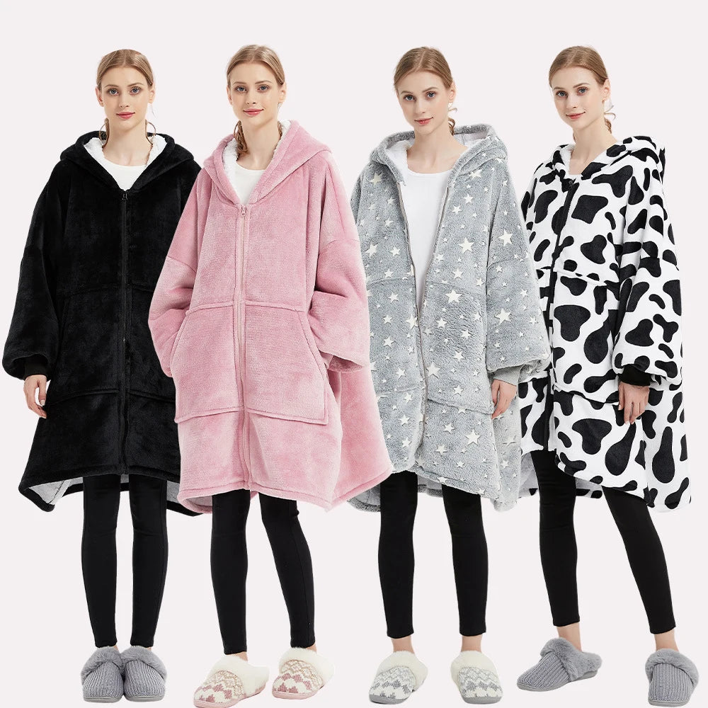 Unisex Ultra Thick Lamb Velvet Pajamas With Hooded Blanket And Zipper For Winter Sleepwear