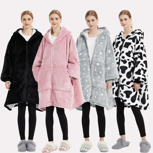 Unisex Ultra Thick Lamb Velvet Pajamas With Hooded Blanket And Zipper For Winter Sleepwear