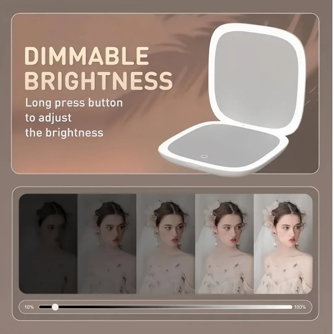 Portable Makeup Mirror with LED Fill Light Pocket Handheld Round Folding USB Charging Adjustable Hairdressing Tri Color Light