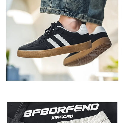 Black canvas sneakers with white stripes and gum soles. Breathable casual training shoe for daily wear.