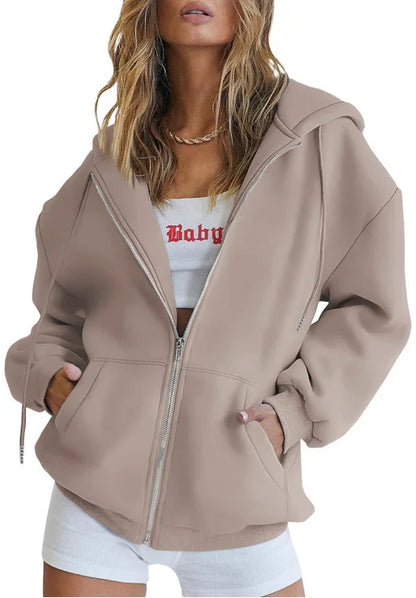 Women's Cotton Blend Hooded Sweatshirt With Zipper And Drawstring Pocket Long Sleeve