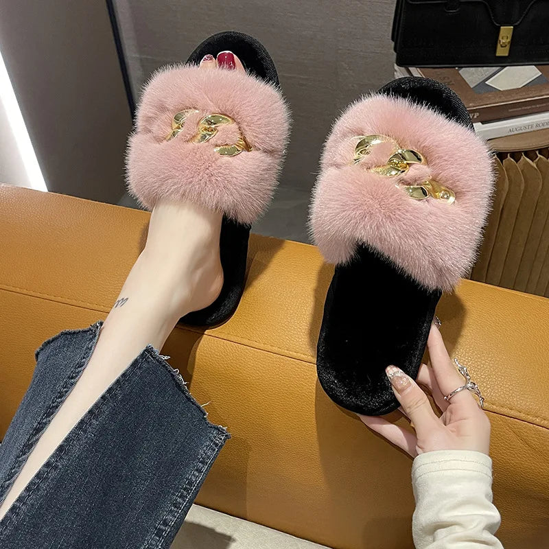 Plush Slippers for Women with Chain Detail and Cushioned Sole