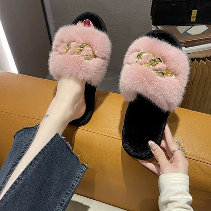 Plush Slippers for Women with Chain Detail and Cushioned Sole