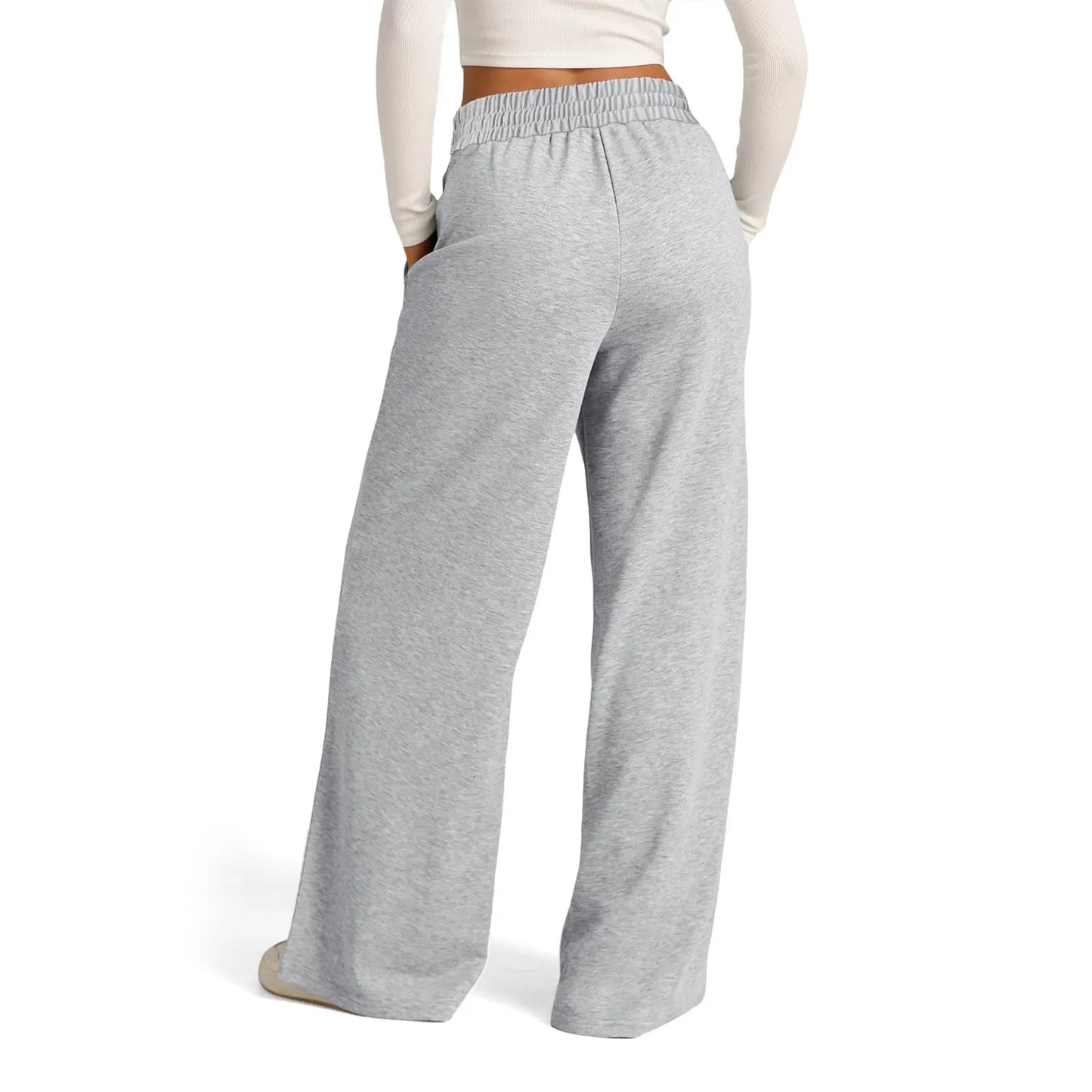 Grey high waist wide leg pants with fleece lining for cozy winter wear.