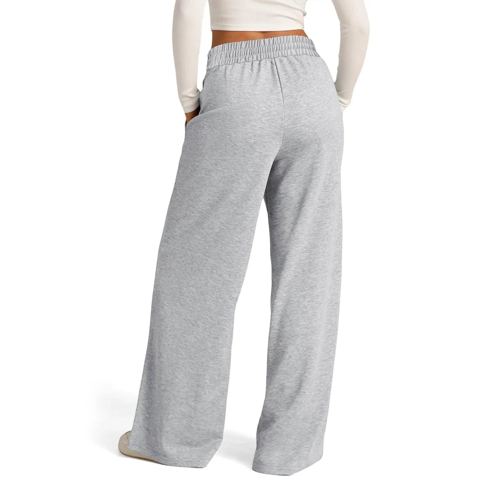 Grey high waist wide leg pants with fleece lining for cozy winter wear.