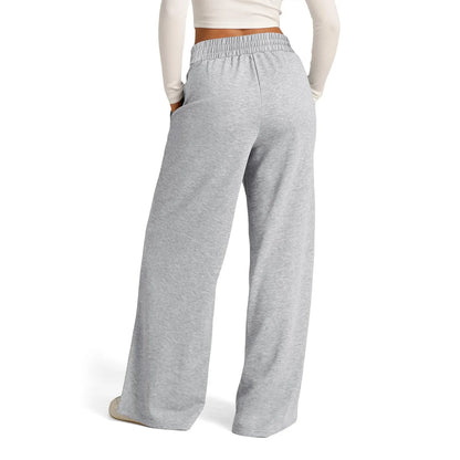 Grey high waist wide leg pants with fleece lining for cozy winter wear.