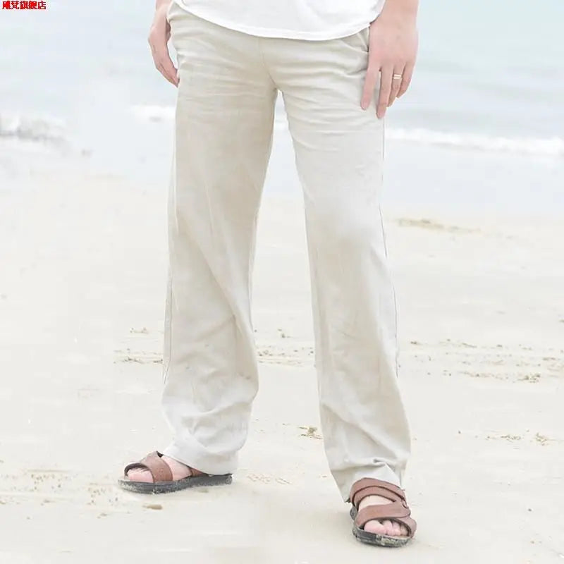 Men's Linen Pants With Wide Leg And Loose Fit With Drawstring Waist For Lightweight Breathable Comfort