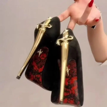 Black PU pointed toe stiletto pumps with gold sword heels and red lace-print soles for evening events.
