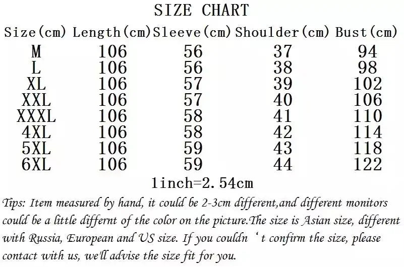 Size chart for women's winter coat detailing length, sleeve, shoulder, and bust measurements for sizes M to 6XL.
