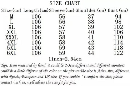 Size chart for women's winter coat detailing length, sleeve, shoulder, and bust measurements for sizes M to 6XL.