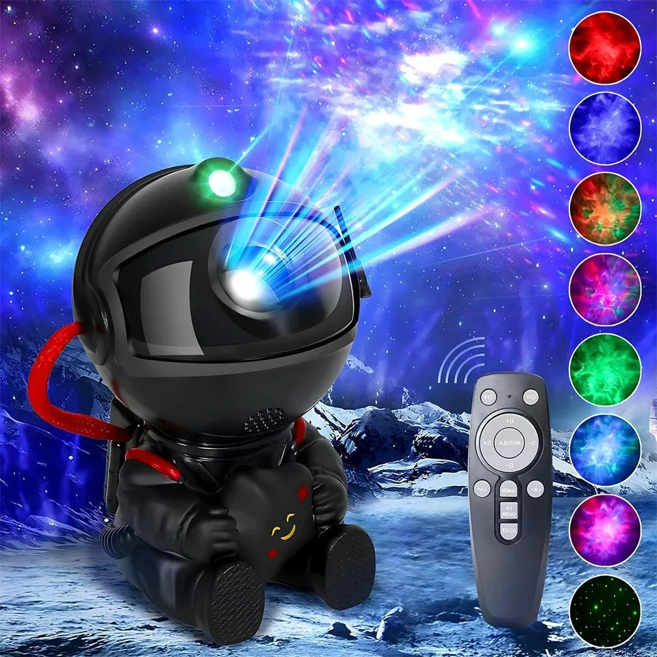 Black astronaut LED galaxy night light with remote for bedroom, featuring adjustable brightness and colorful nebula patterns.