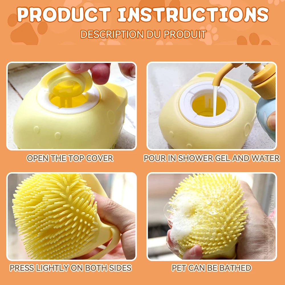 Pet Bath Brush With Soft Silicone Bristles And Dispenser For Dogs And Cats