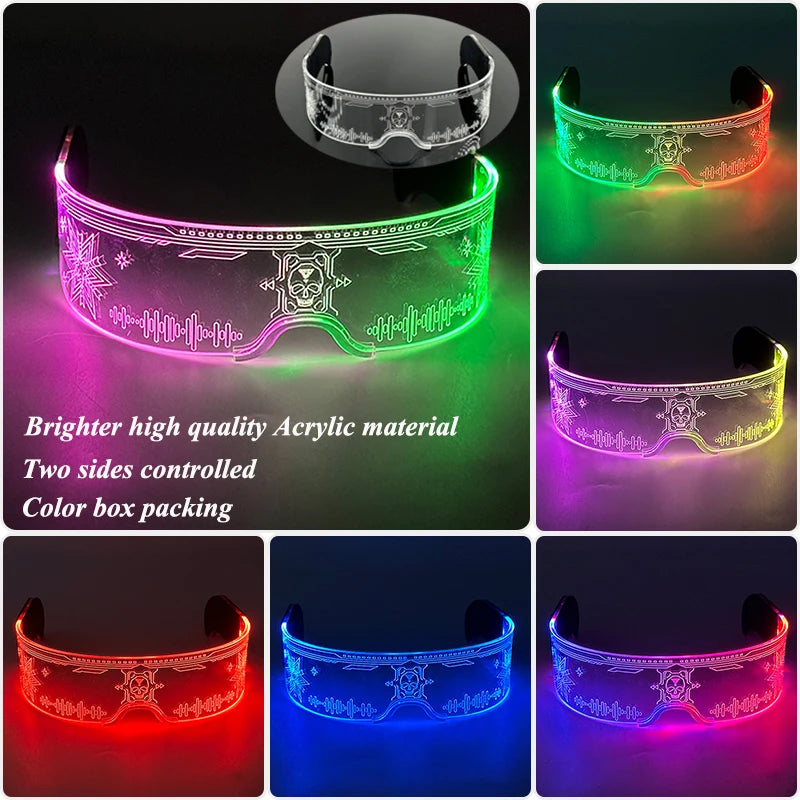 LED festival glasses glowing cyberpunk visor with crystal bead illumination