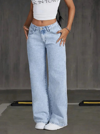Stretchy Denim Wide Leg Pants with Pockets and Subtle Distressing for Everyday Ease