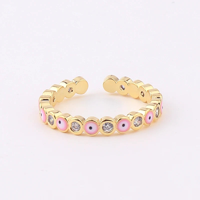 Adjustable Ring with Blue Evil Eye Open Copper Gold Tone Zircon Accent