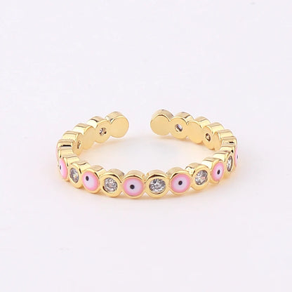 Adjustable Ring with Blue Evil Eye Open Copper Gold Tone Zircon Accent