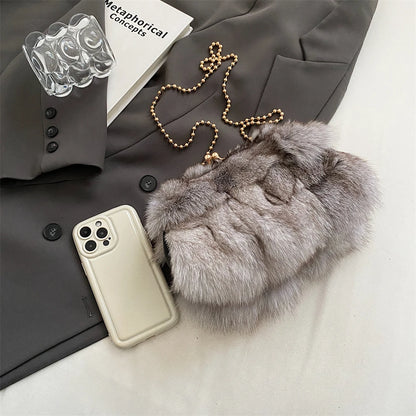 Luxury Soft Plush Evening Bags For Elegant Women Fox Fur Dinner Party Clutch Chain Crossbody Winter Warm Luxury Designer Handbags