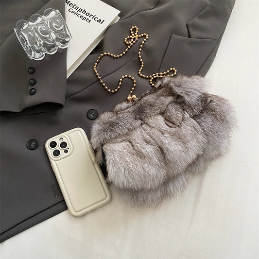Luxury Soft Plush Evening Bags For Elegant Women Fox Fur Dinner Party Clutch Chain Crossbody Winter Warm Luxury Designer Handbags