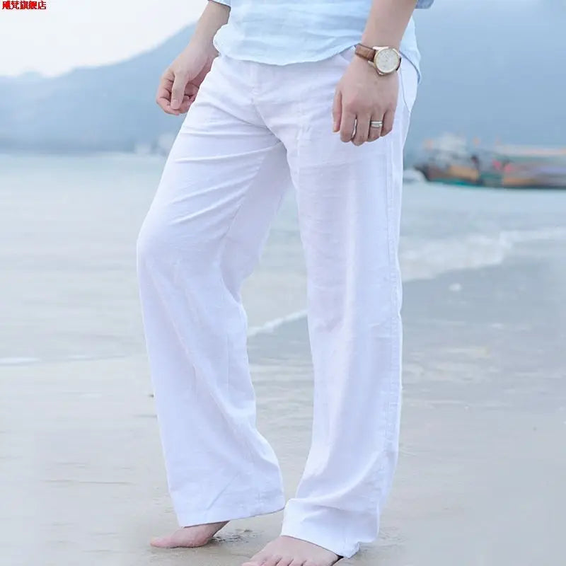 Men's Linen Pants With Wide Leg And Loose Fit With Drawstring Waist For Lightweight Breathable Comfort