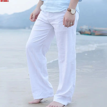 Men's Linen Pants With Wide Leg And Loose Fit With Drawstring Waist For Lightweight Breathable Comfort