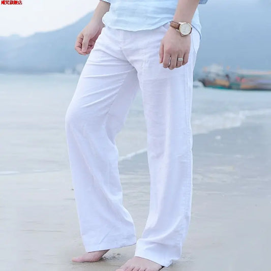 Men's Linen Pants With Wide Leg And Loose Fit With Drawstring Waist For Lightweight Breathable Comfort