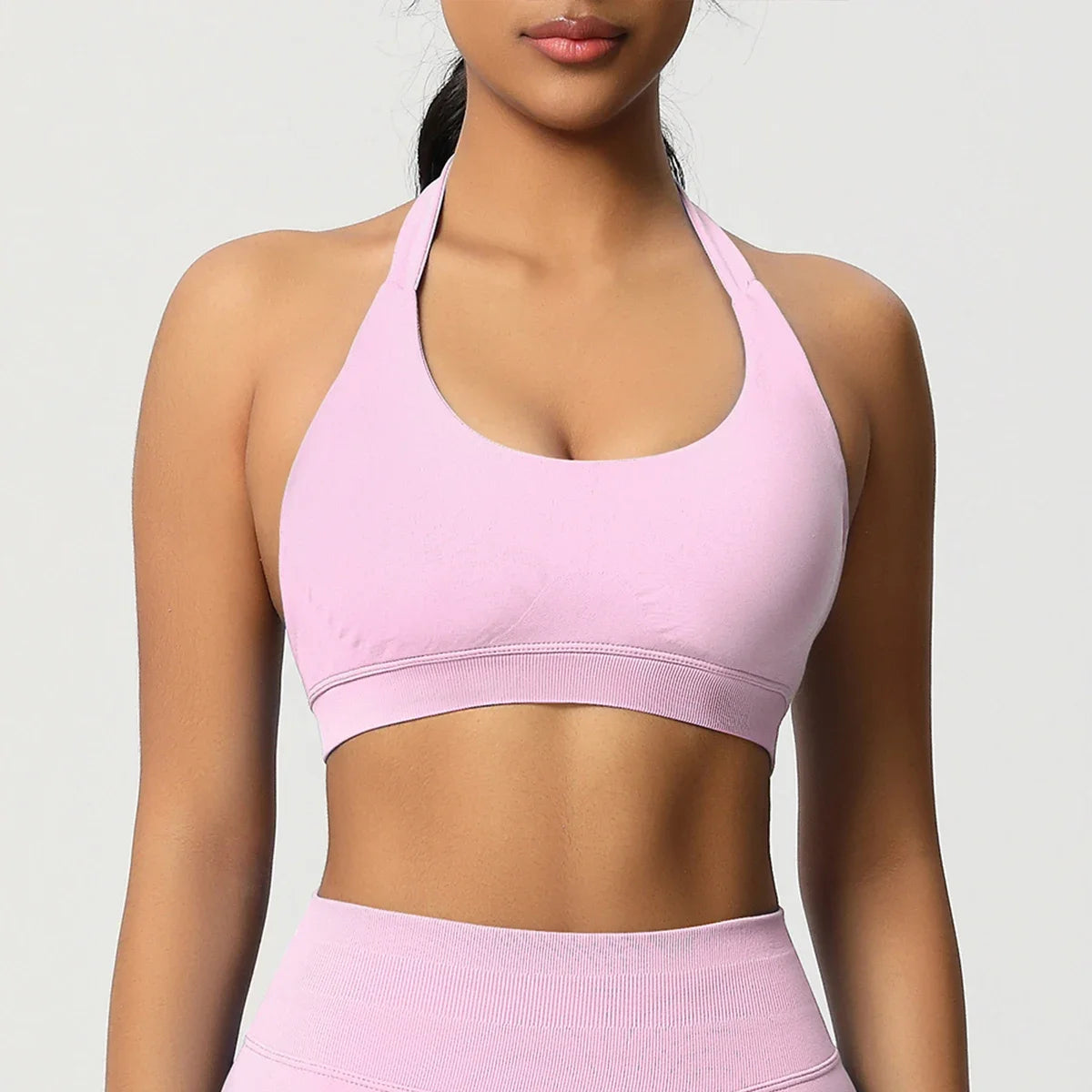 Women’s Seamless Halter Backless Push-Up Sports Bra Cotton-Poly For Gym Running