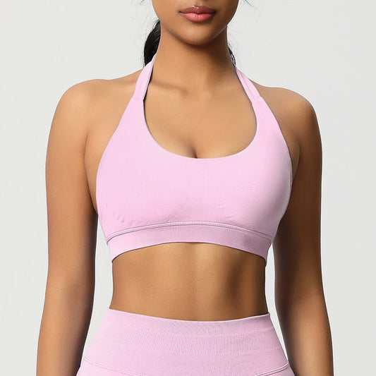 Women’s Seamless Halter Backless Push-Up Sports Bra Cotton-Poly For Gym Running