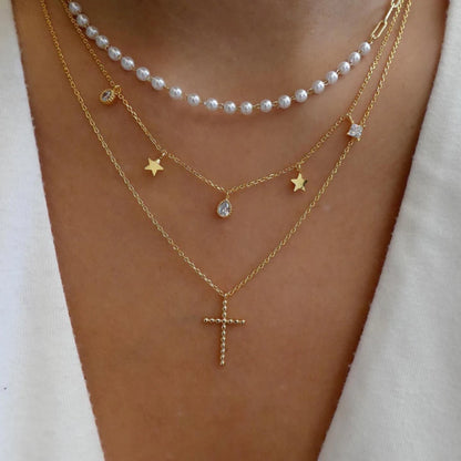 Layered crystal pendant necklace set with rhinestones and cross charm