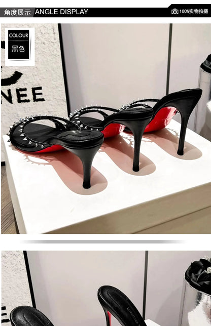 Black open toe sandals with silver rivets and slim heels, featuring a red sole for evening wear.