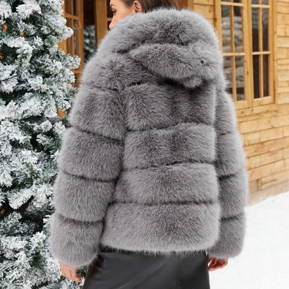 Luxe Women's Short Hooded Faux Fox Fur Coat Fashion Streetwear with Faux Fur Trim Thickened Winter Faux Fur Outwear