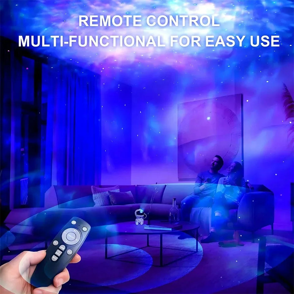White astronaut LED projector with adjustable brightness creates a colorful galaxy night light effect in a living room.