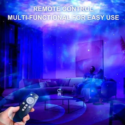 White astronaut LED projector with adjustable brightness creates a colorful galaxy night light effect in a living room.