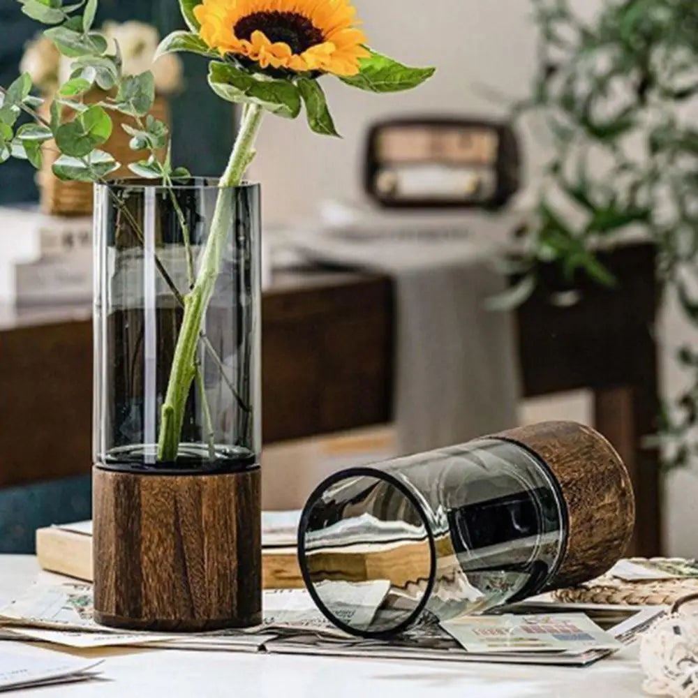 Crystal Glass Vase With Solid Wood Base In Modern Style With Slim Profile For Centerpiece Display