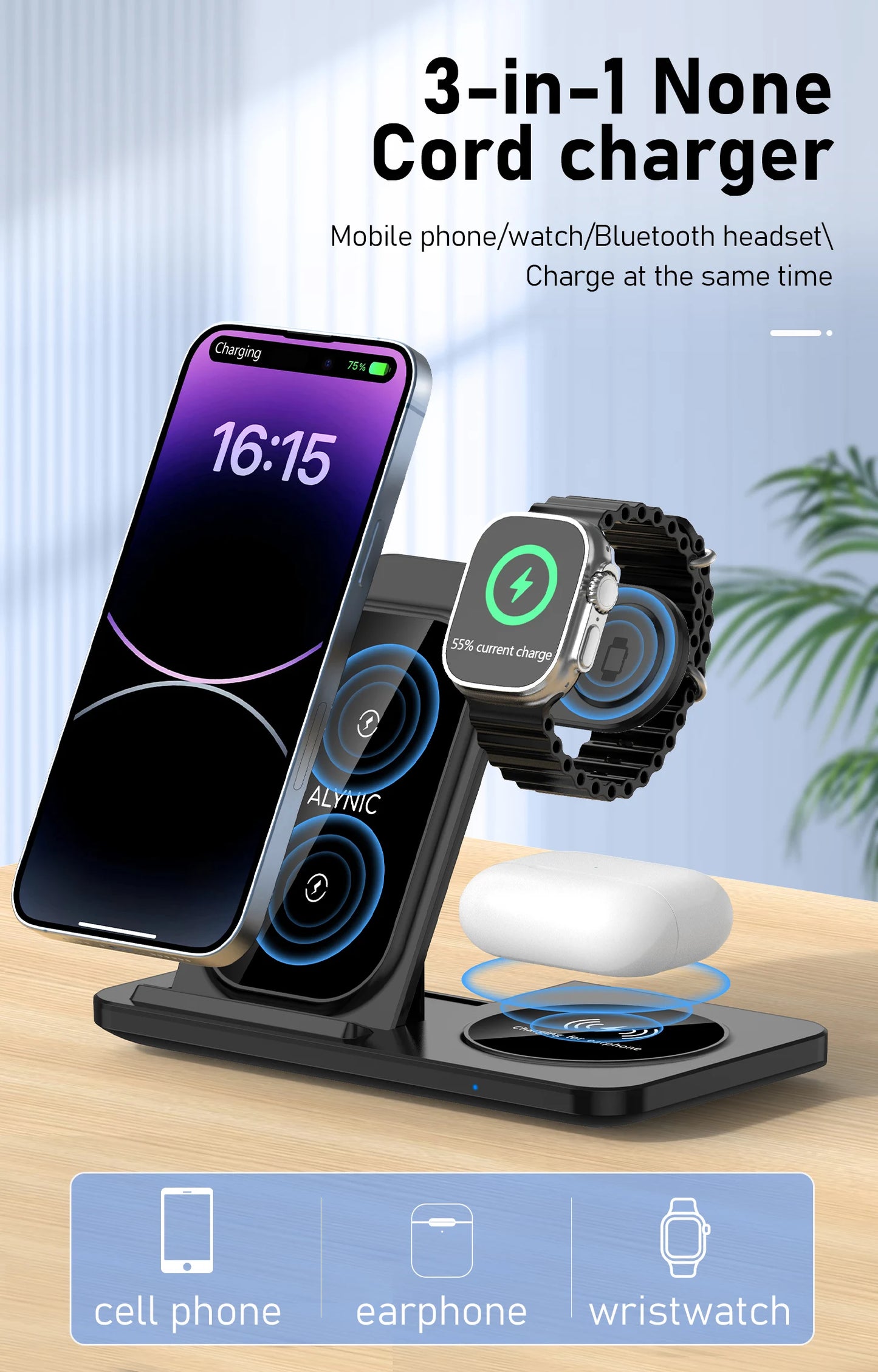 Foldable Wireless Dock for Smartphones and Earbuds 3-in-1