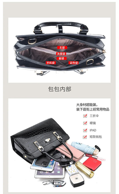 Black patent leather crocodile pattern tote bag with top handles, compartments, and a large capacity.