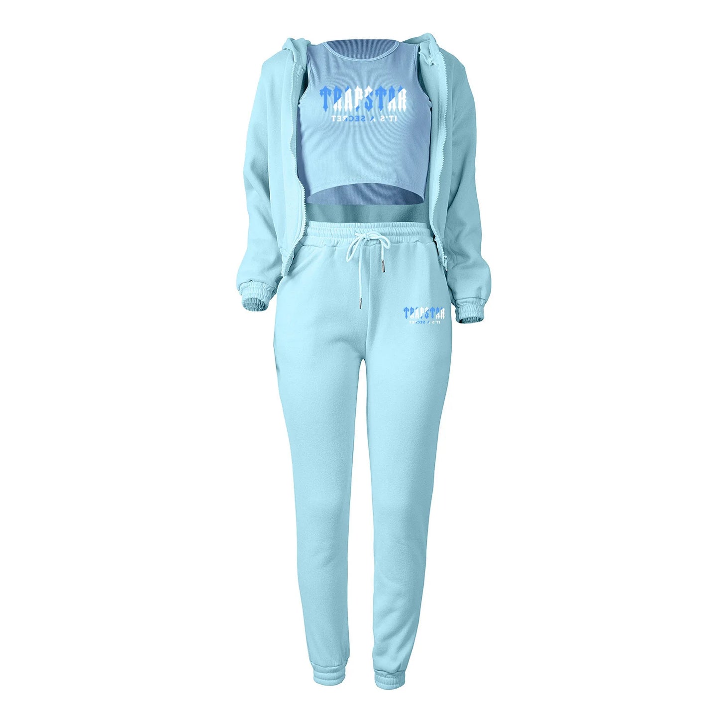 Light blue knit hooded sweater set with letter print, relaxed fit for lounging.