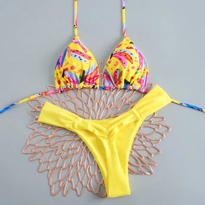 Women's Triangle Lace-Up Bikini Set with Adjustable Straps and Thong Bottom
