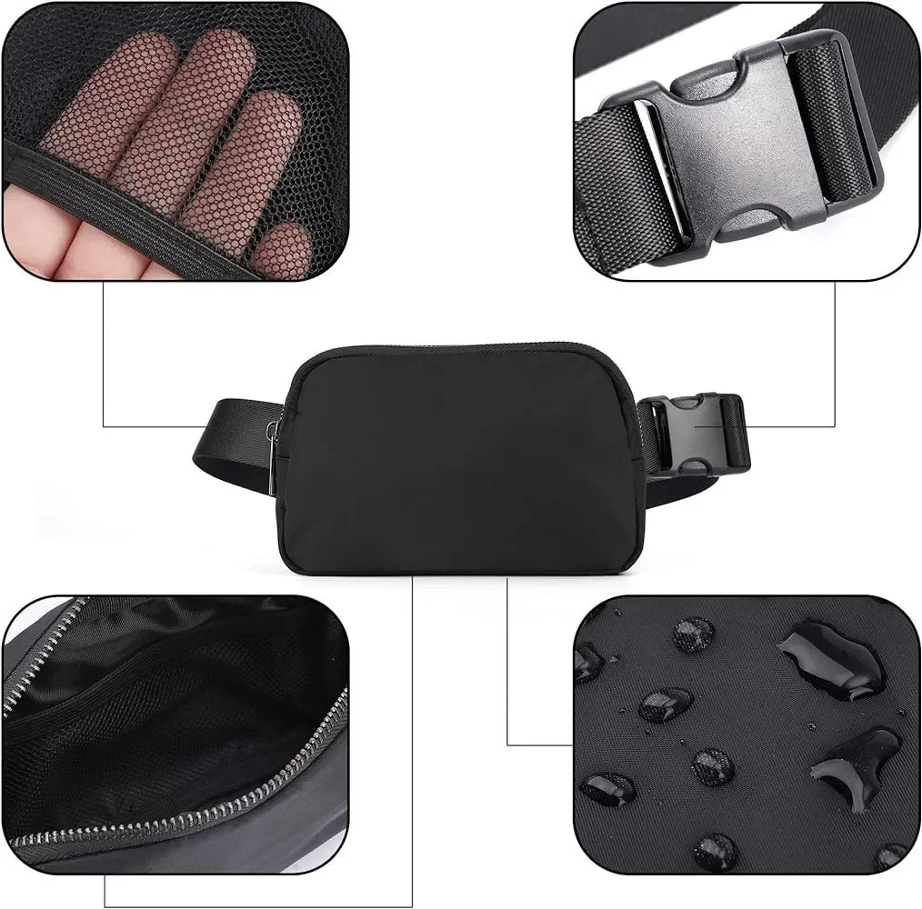 Black waterproof crossbody bag with zip closure and adjustable strap for running and yoga.