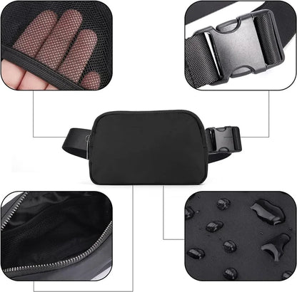 Black waterproof crossbody bag with zip closure and adjustable strap for running and yoga.