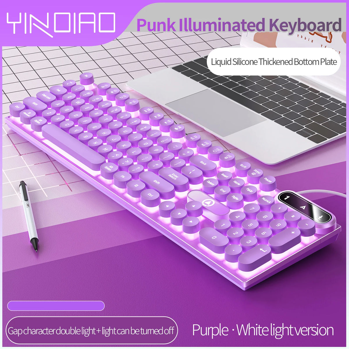 Mechanical typewriter keyboard with round retro LED backlit keys and silicone bottom plate