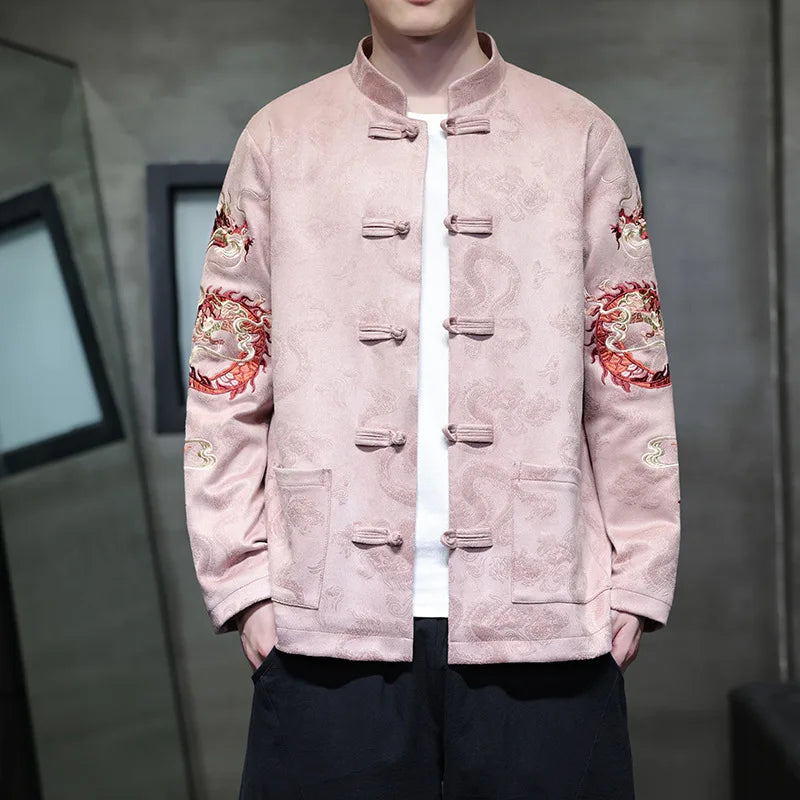 Light pink woven Tang suit jacket with red dragon embroidery, stand collar, and knotted buttons for traditional events.