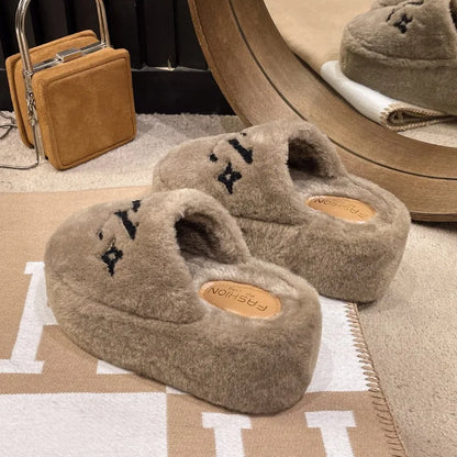 Warm Slippers for Women Indoor Non Slip Plush Traction Rubber Sole With Wedge Heel