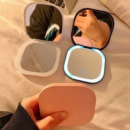 Portable Makeup Mirror with LED Fill Light Pocket Handheld Round Folding USB Charging Adjustable Hairdressing Tri Color Light