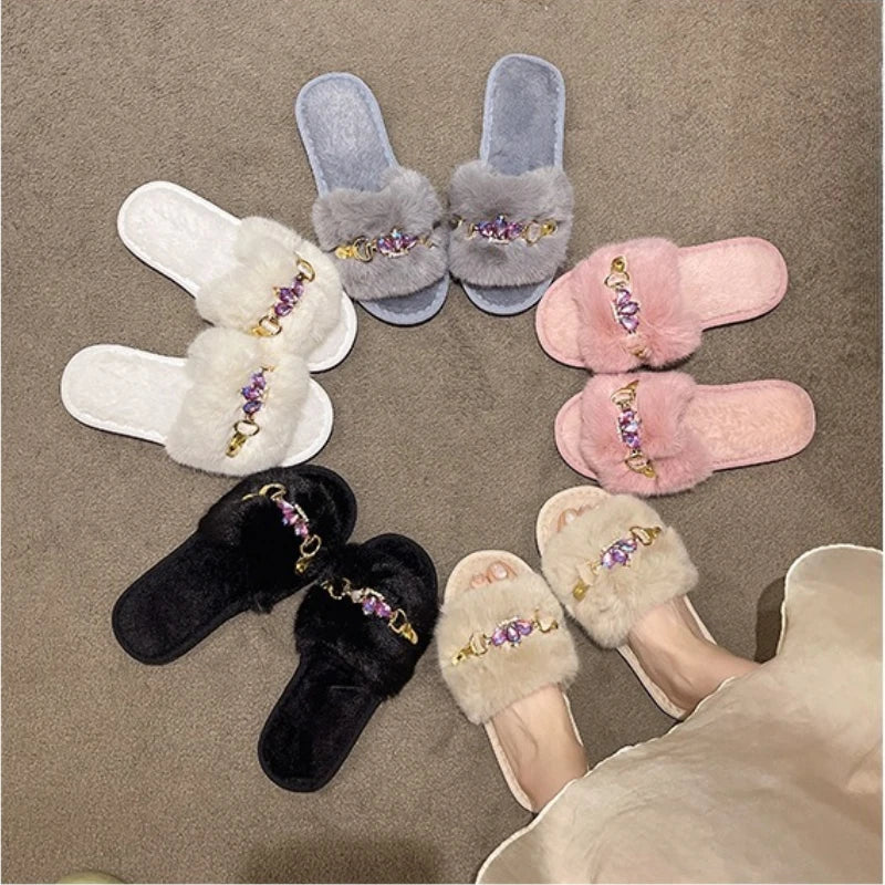 Embellished Crystal Chain Slippers with Winter Warmth Anti Slip Grip