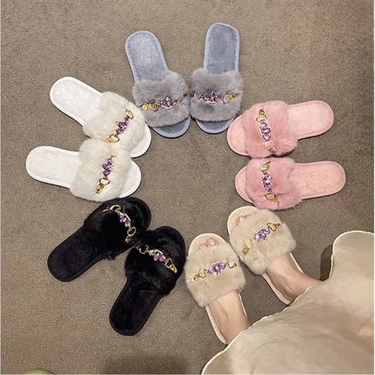 Embellished Crystal Chain Slippers with Winter Warmth Anti Slip Grip