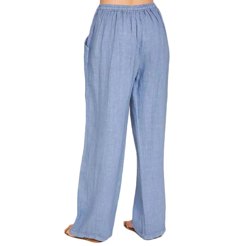 Women's wide-leg cotton-linen pants with drawstring waist