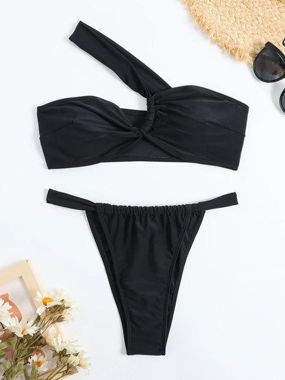 Women's One-Shoulder Bikini Set with High-Waist Bottom and Knotted Detail