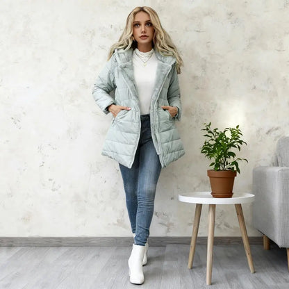 Women's long hooded puffer coat with full zip and pockets
