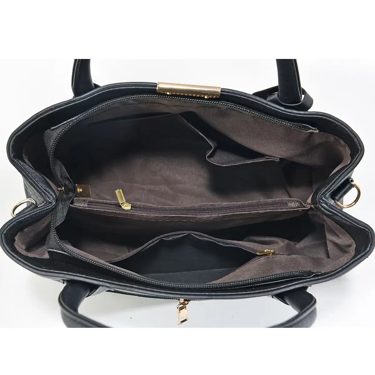Black structured multi-pocket tote bag with a secure zip closure for everyday use.
