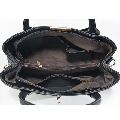 Black structured multi-pocket tote bag with a secure zip closure for everyday use.